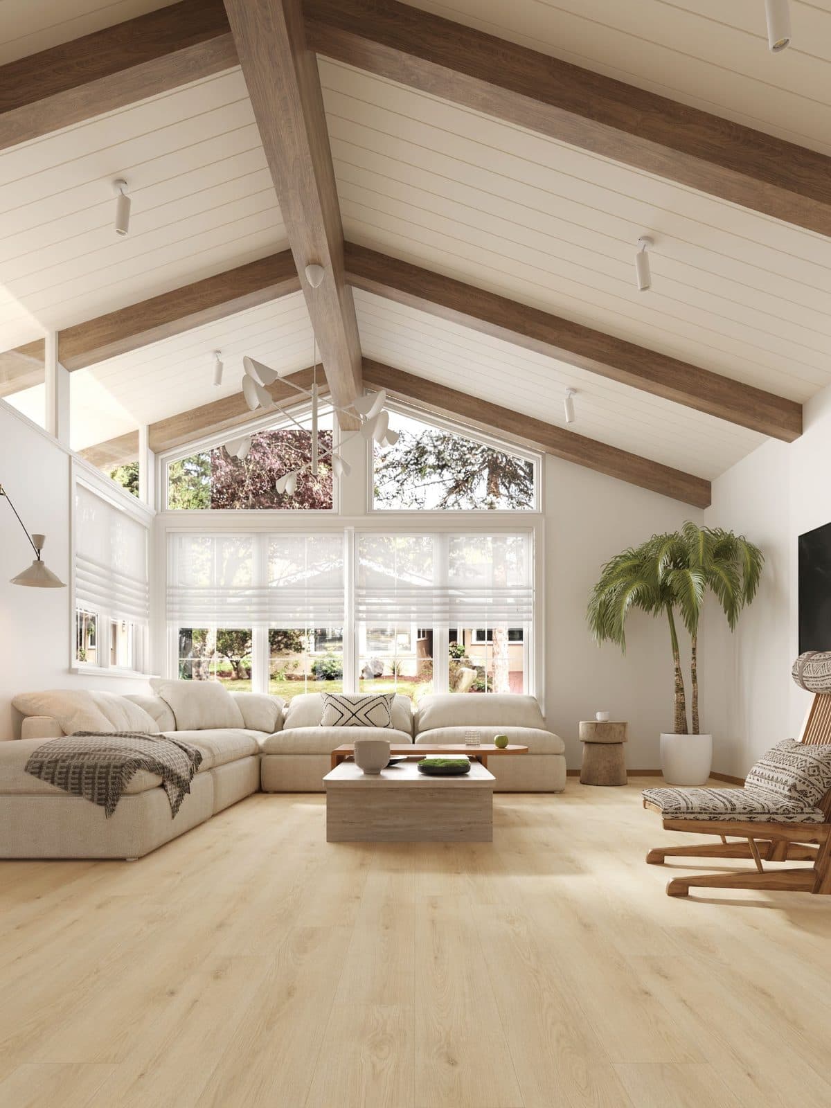 Vaulted great room with McCall Oak luxury vinyl plank flooring from our catalog